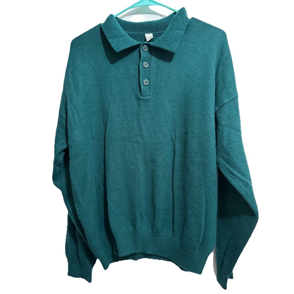 Quincy Sweater Men XL Green Wool Polo Pullover Casual Knit Breathable Collared